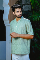SAGE GREEN CUBAN COLLAR SHIRT WITH CUTWORK EMBROIDERY DETAILS