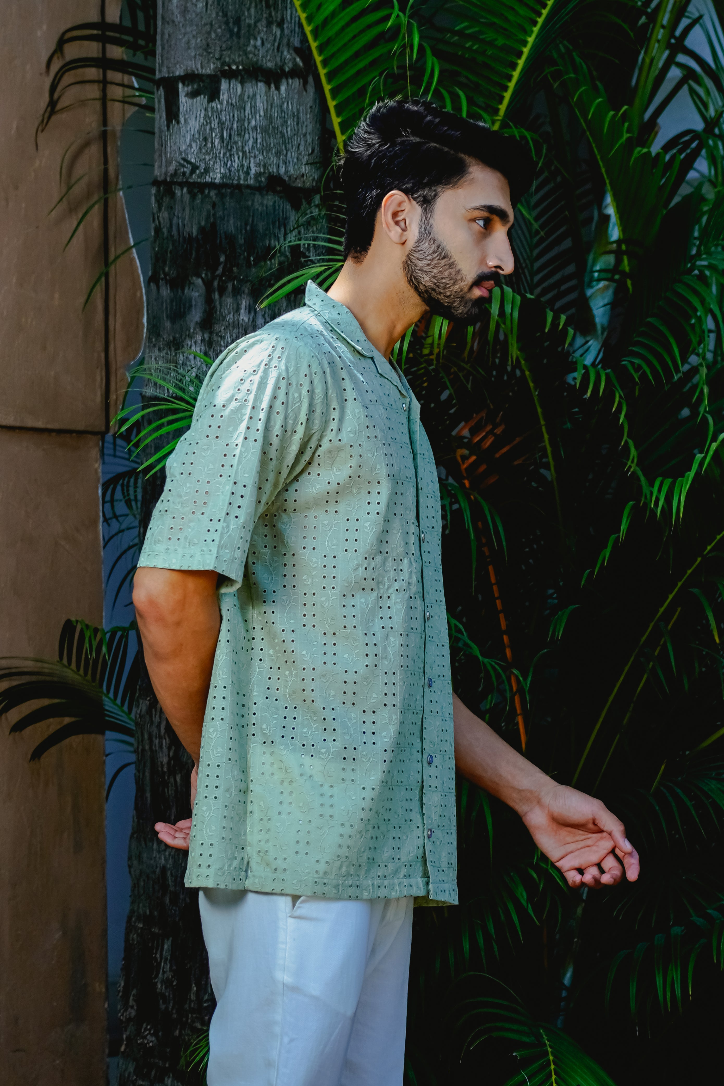 SAGE GREEN CUBAN COLLAR SHIRT WITH CUTWORK EMBROIDERY DETAILS