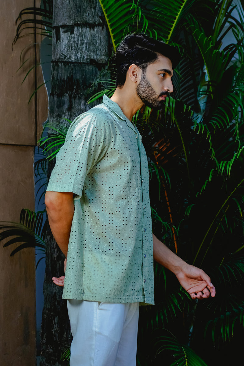 SAGE GREEN CUBAN COLLAR SHIRT WITH CUTWORK EMBROIDERY DETAILS