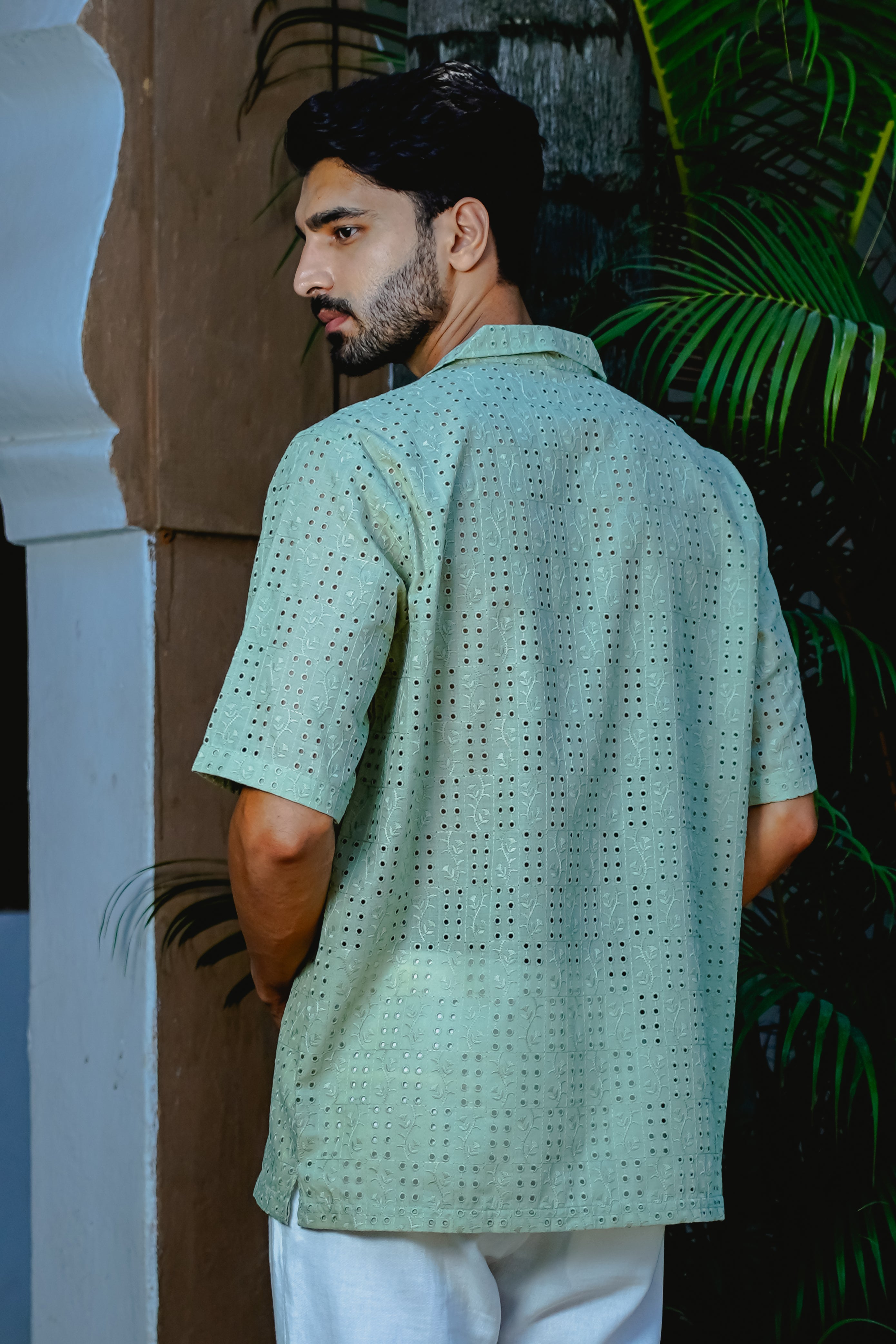 SAGE GREEN CUBAN COLLAR SHIRT WITH CUTWORK EMBROIDERY DETAILS