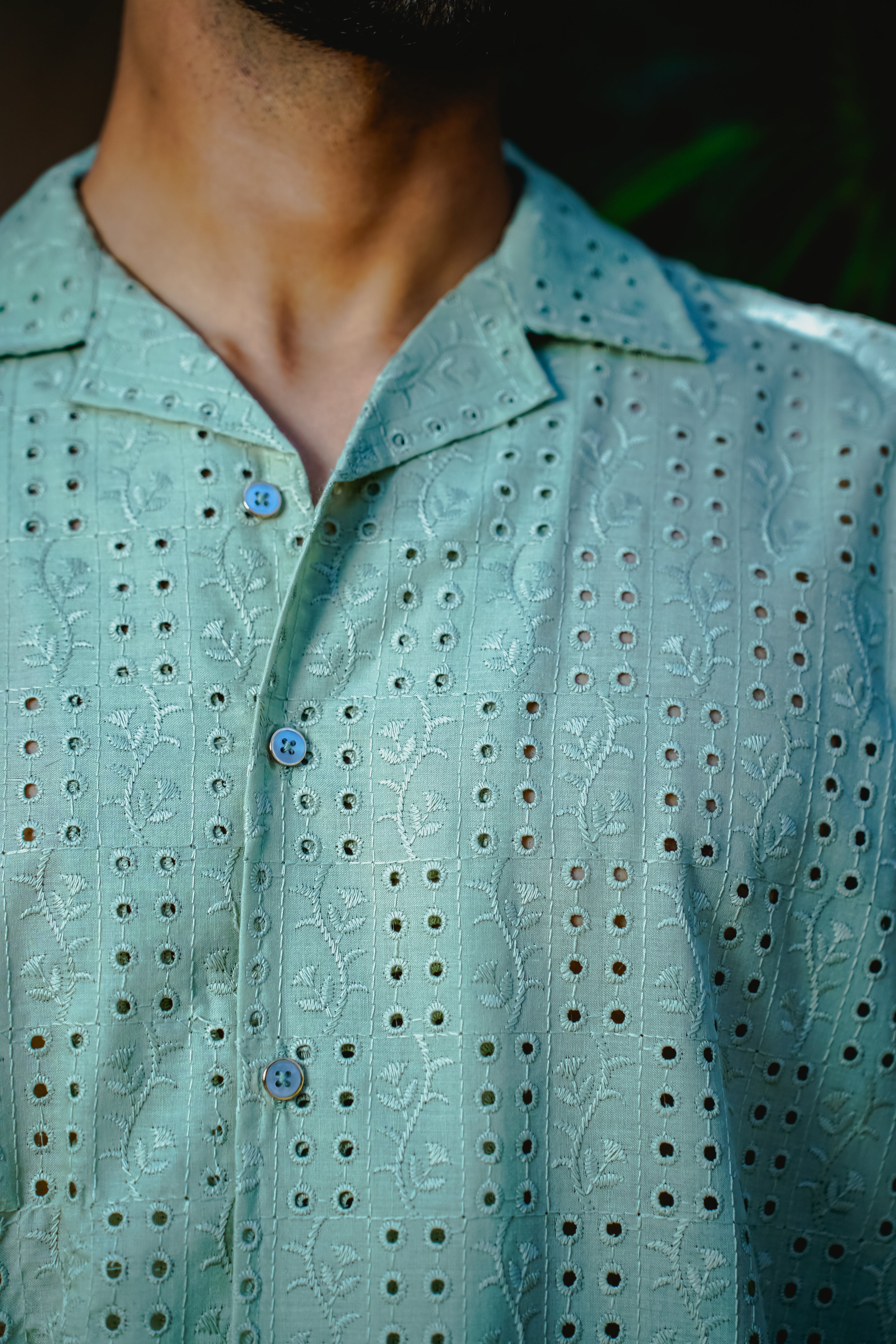 SAGE GREEN CUBAN COLLAR SHIRT WITH CUTWORK EMBROIDERY DETAILS