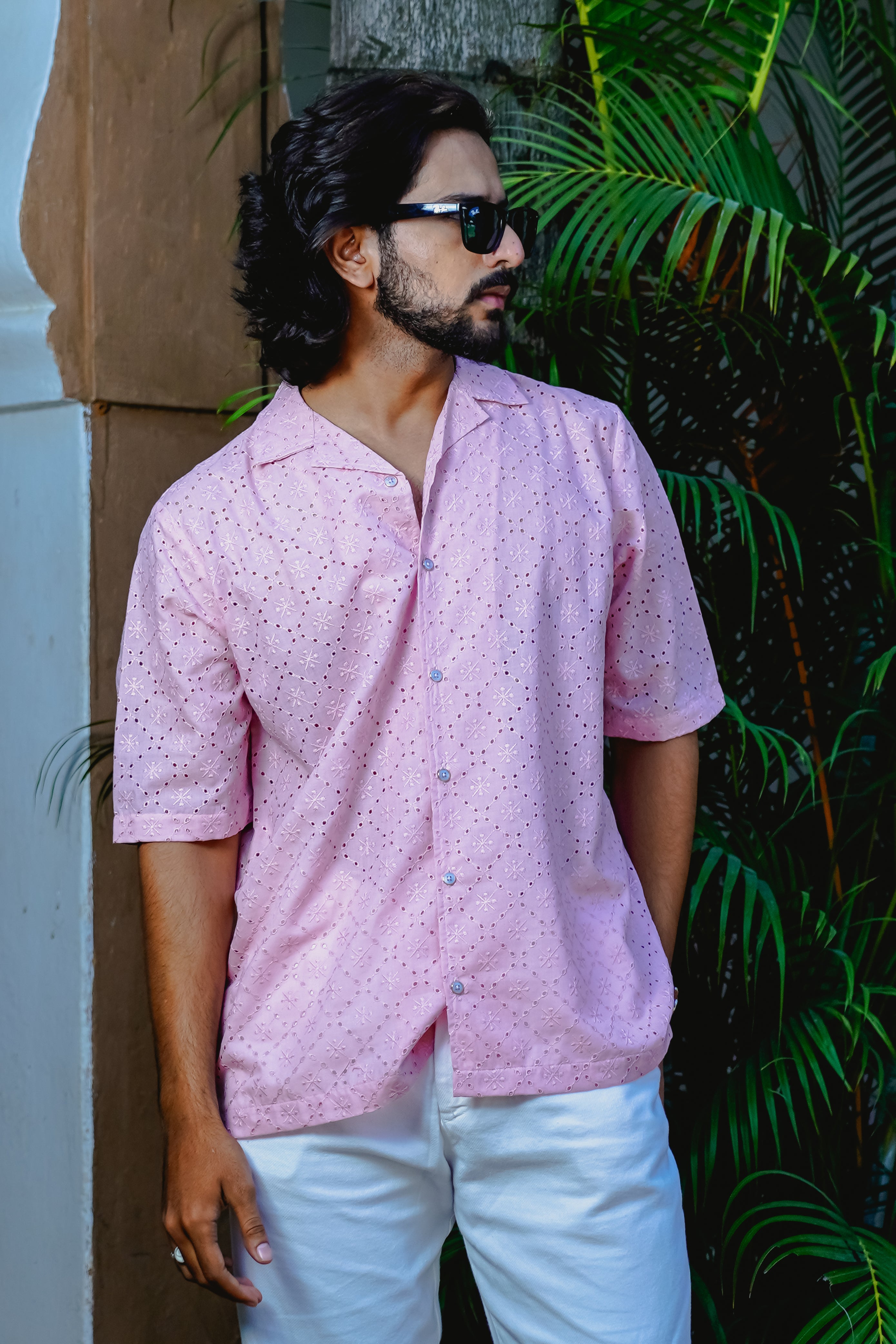 QUARTZ PINK CUBAN COLLAR SHIRT WITH CUTWORK EMBROIDERY DETAILS