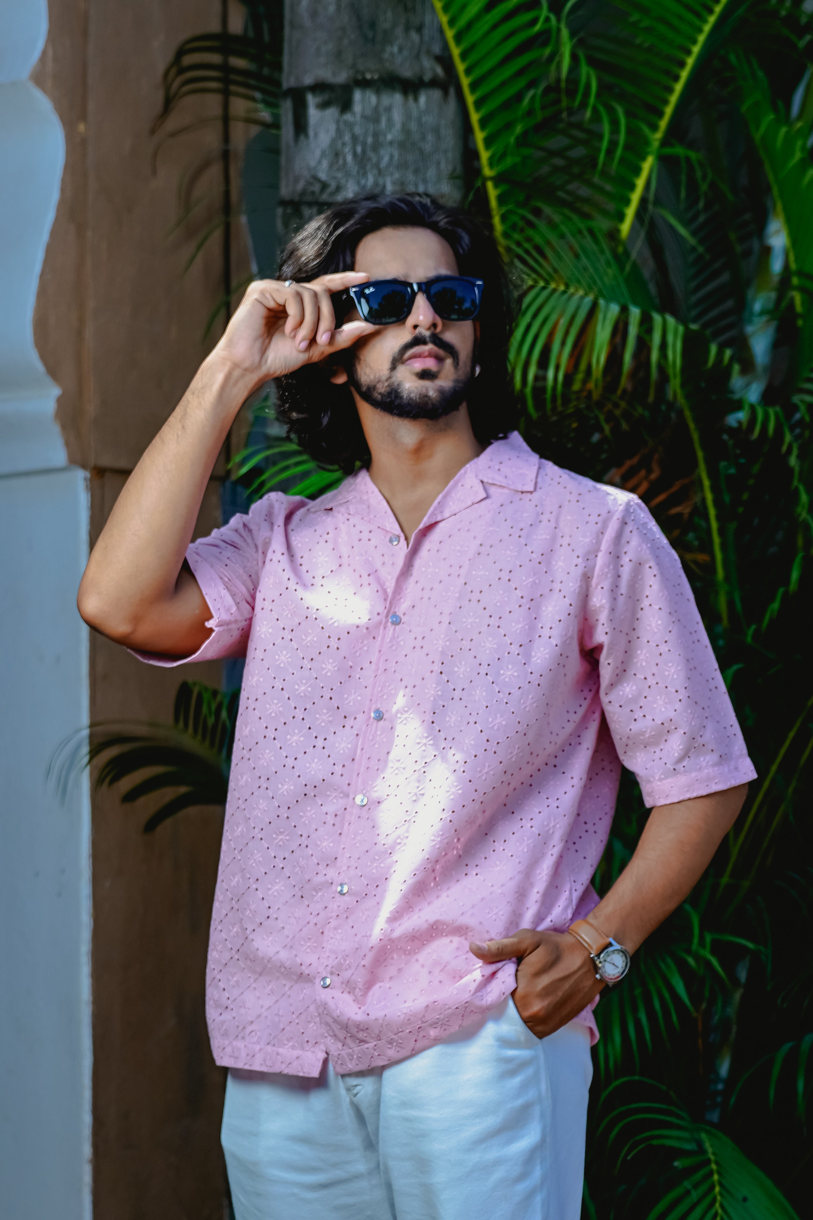 QUARTZ PINK CUBAN COLLAR SHIRT WITH CUTWORK EMBROIDERY DETAILS
