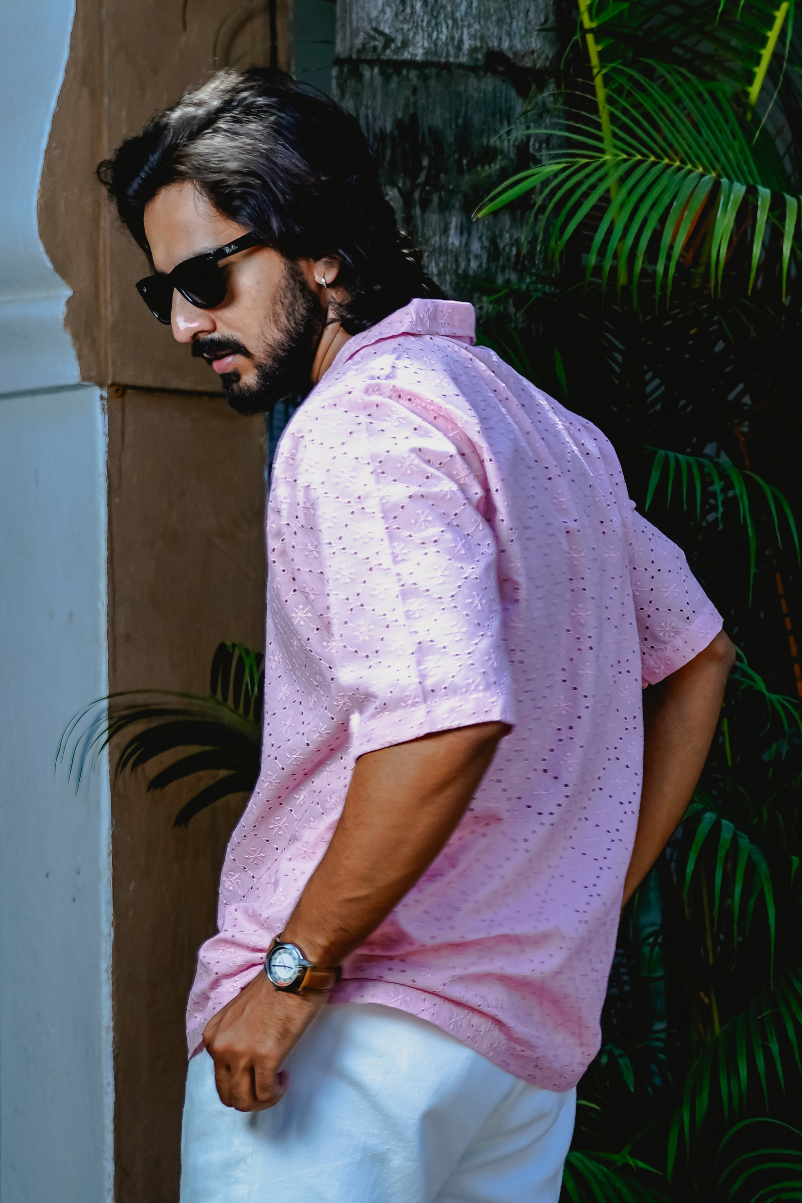 QUARTZ PINK CUBAN COLLAR SHIRT WITH CUTWORK EMBROIDERY DETAILS