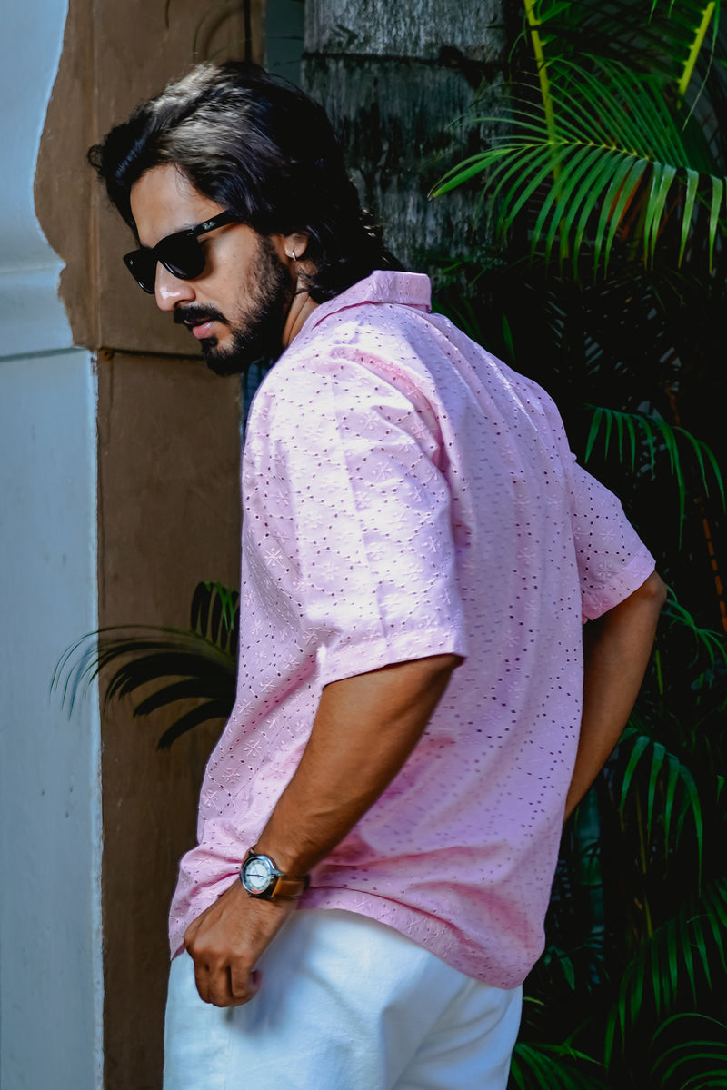 QUARTZ PINK CUBAN COLLAR SHIRT WITH CUTWORK EMBROIDERY DETAILS