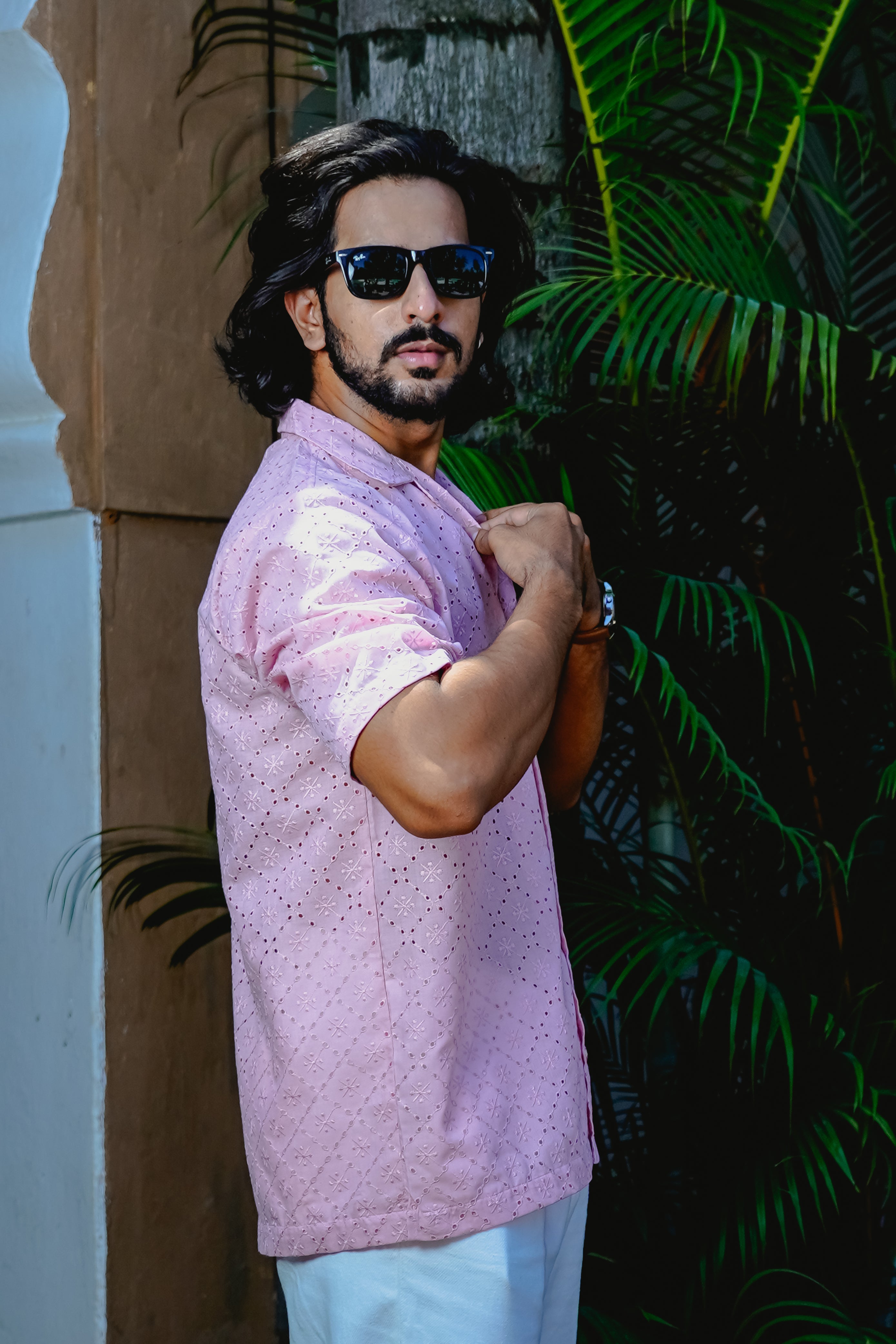 QUARTZ PINK CUBAN COLLAR SHIRT WITH CUTWORK EMBROIDERY DETAILS