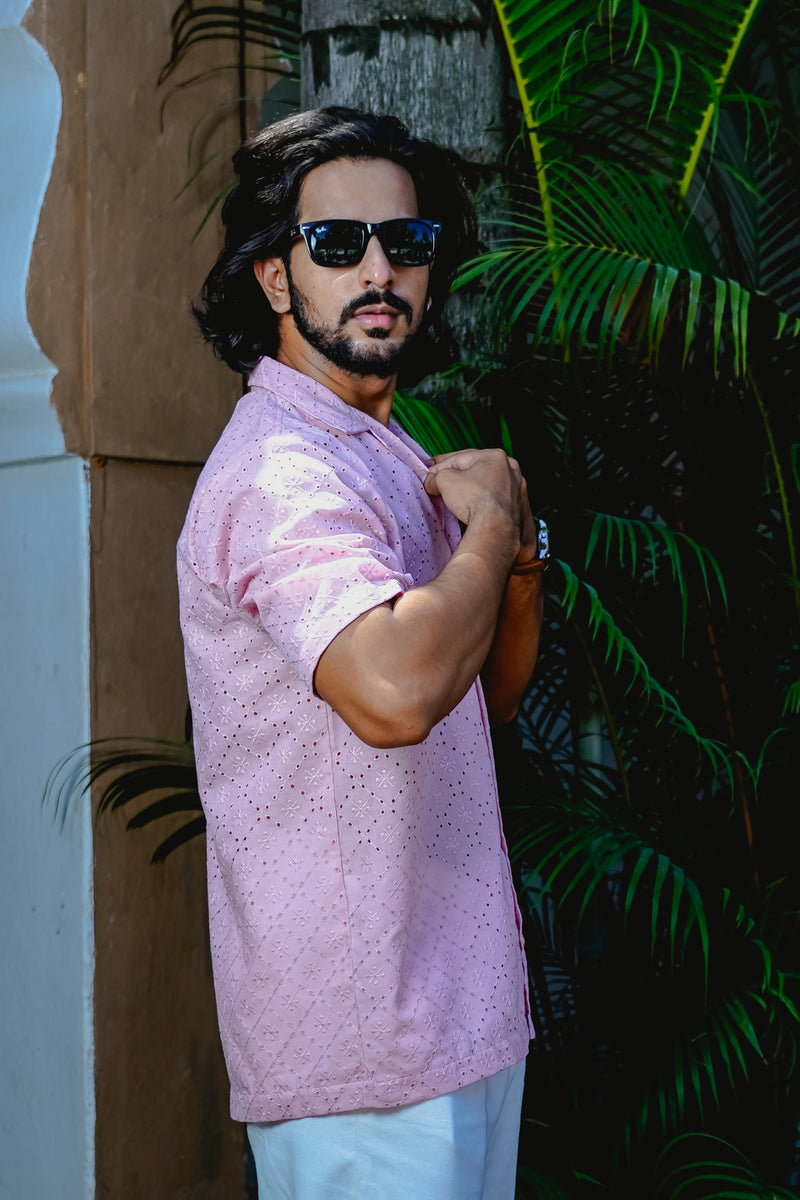 QUARTZ PINK CUBAN COLLAR SHIRT WITH CUTWORK EMBROIDERY DETAILS