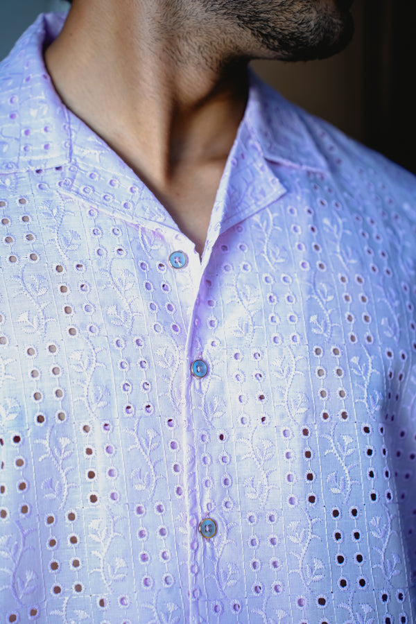 SNOW LILAC CUBAN COLLAR SHIRT WITH CUTWORK EMBROIDERY DETAILS