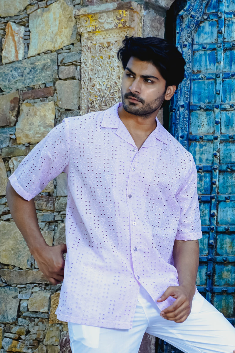 SNOW LILAC CUBAN COLLAR SHIRT WITH CUTWORK EMBROIDERY DETAILS