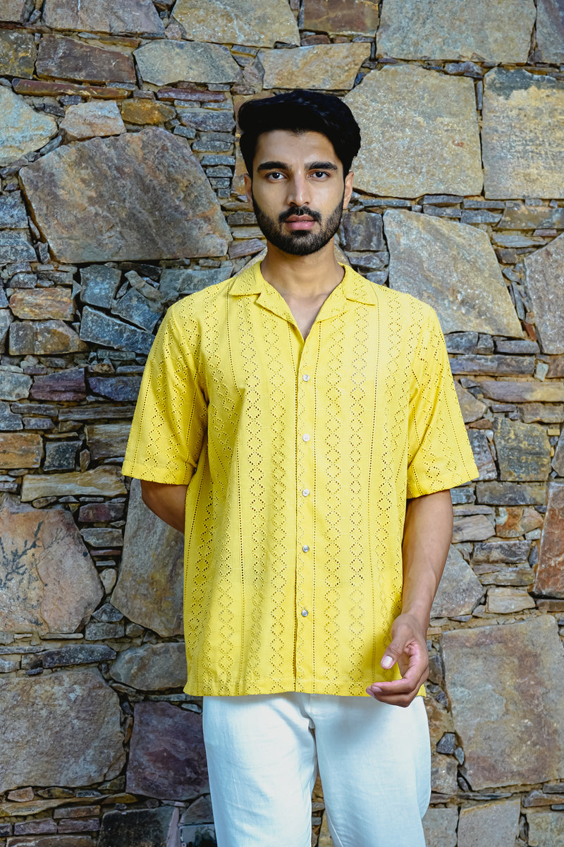 MUSTARD YELLOW CUBAN COLLAR SHIRT WITH CUTWORK EMBROIDERY DETAILS