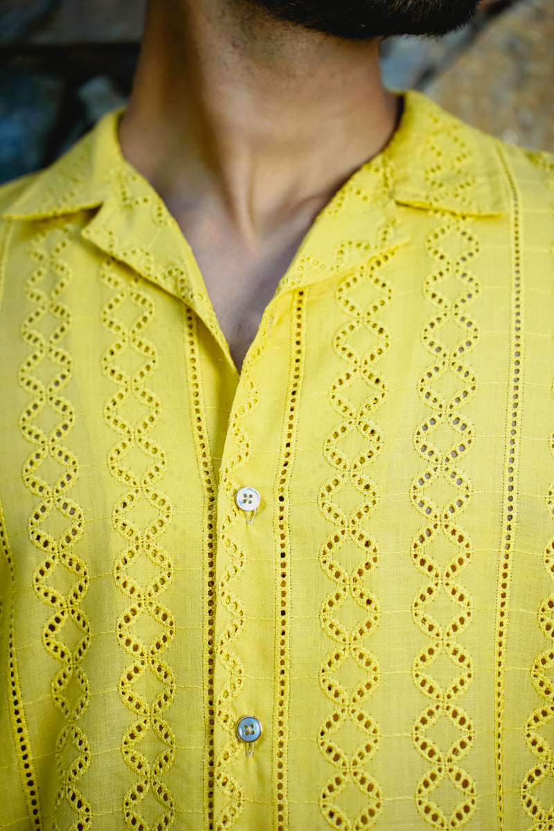 MUSTARD YELLOW CUBAN COLLAR SHIRT WITH CUTWORK EMBROIDERY DETAILS