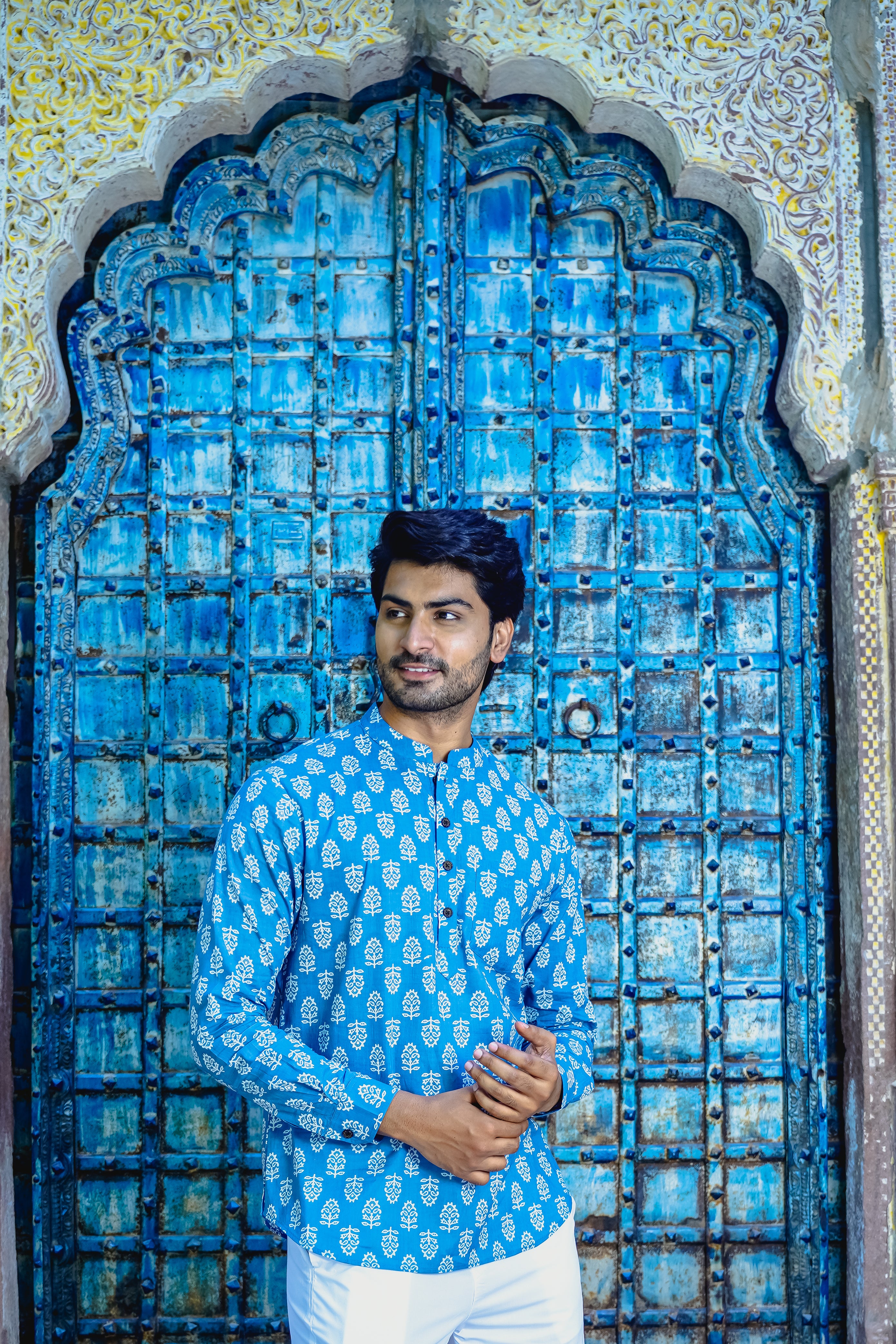 CASHMERE BLUE PRINTED SHORT KURTA WITH WHITE MOTIFS & CUFF