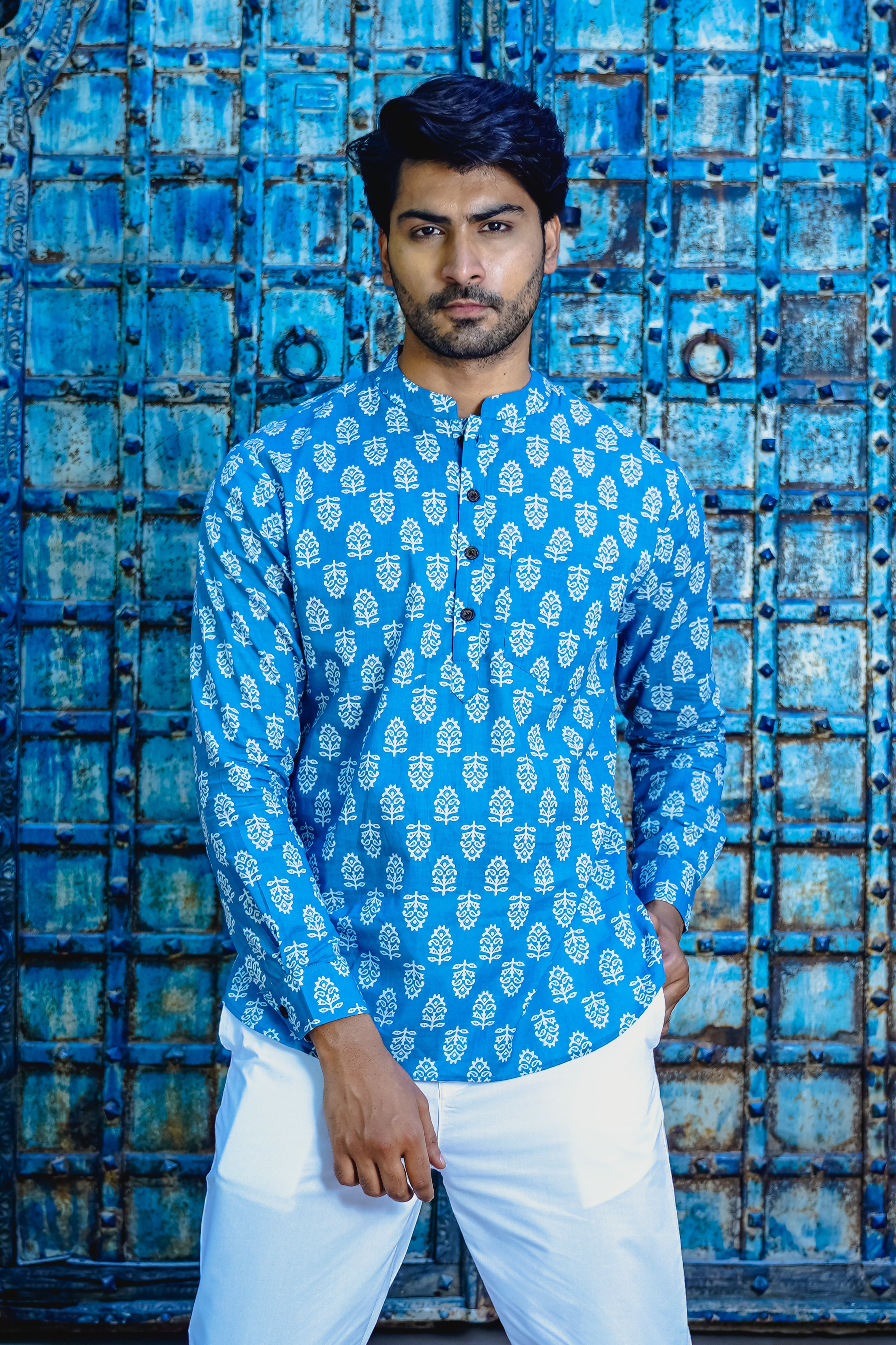 CASHMERE BLUE PRINTED SHORT KURTA WITH WHITE MOTIFS & CUFF