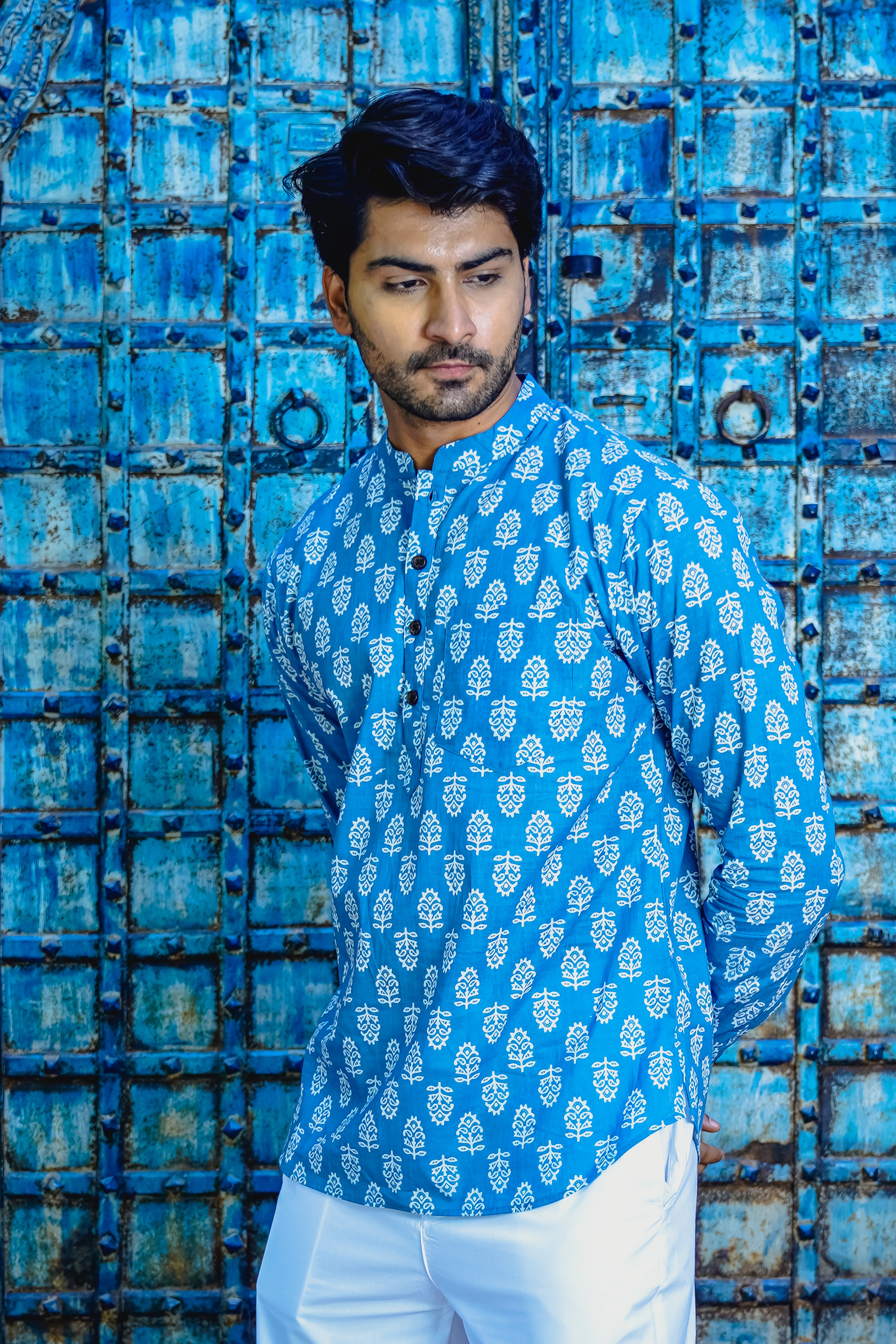 CASHMERE BLUE PRINTED SHORT KURTA WITH WHITE MOTIFS & CUFF