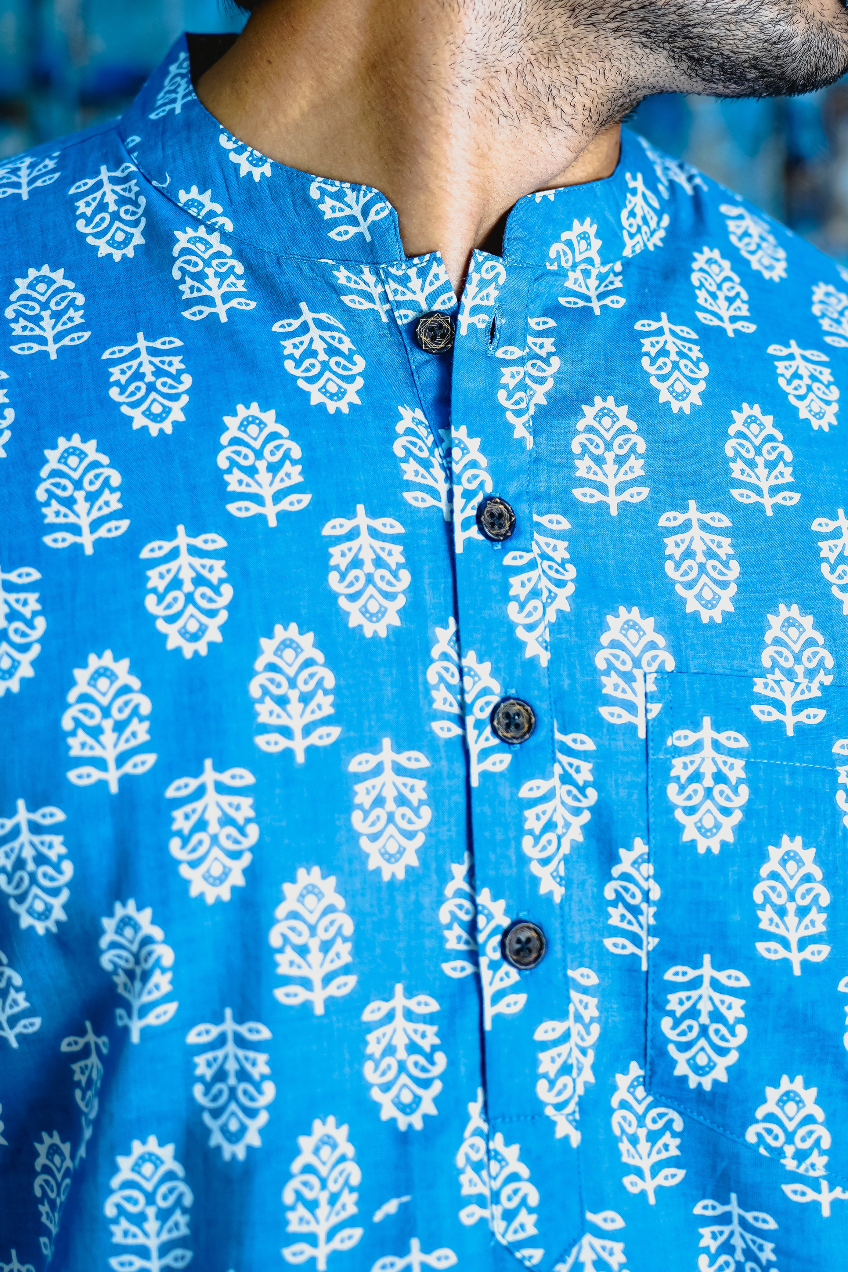CASHMERE BLUE PRINTED SHORT KURTA WITH WHITE MOTIFS & CUFF