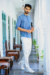 BLUE, WHITE & GREY VERTICAL LINES PRINTED SHORT KURTA WITH CUFF