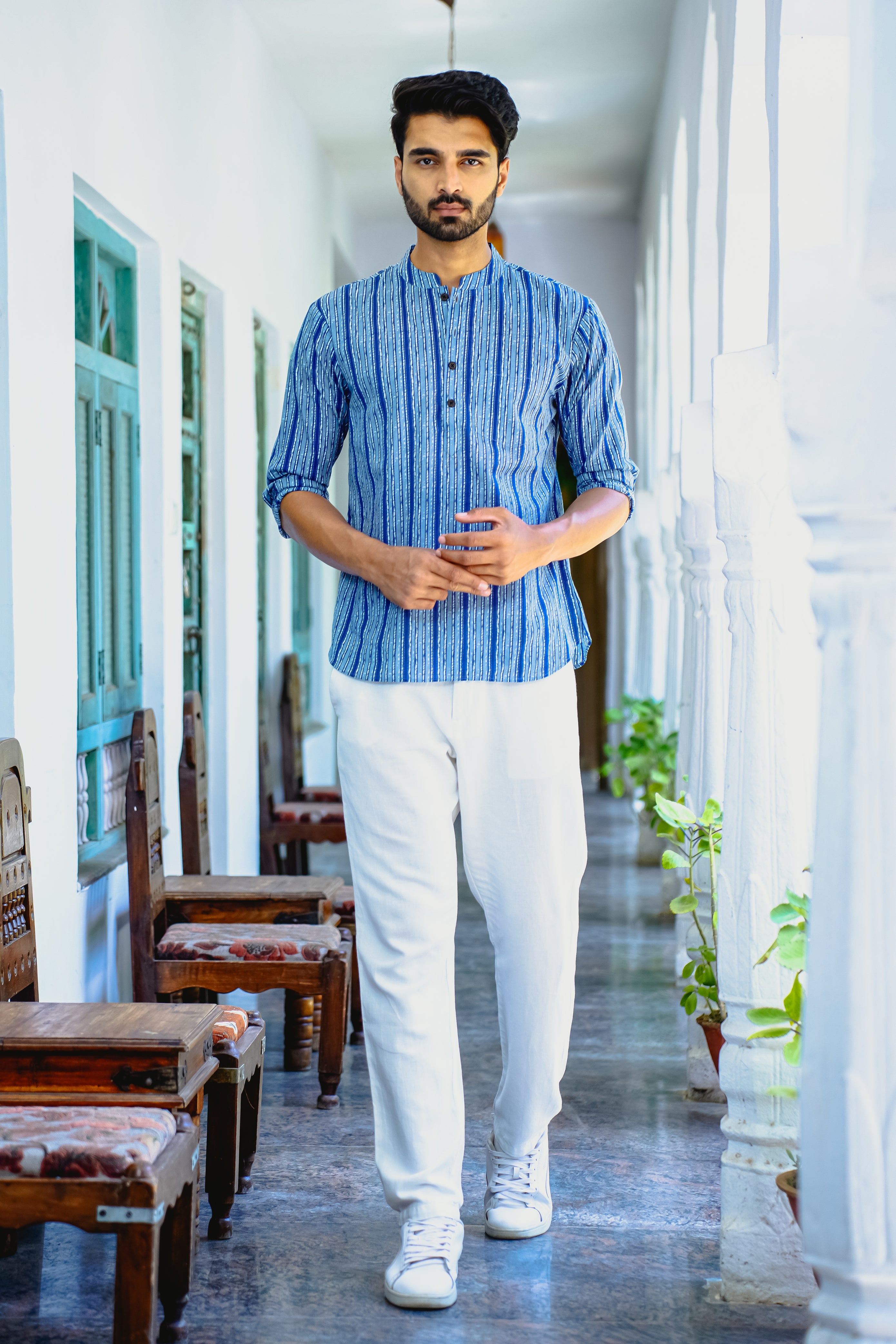 BLUE, WHITE & GREY VERTICAL LINES PRINTED SHORT KURTA WITH CUFF