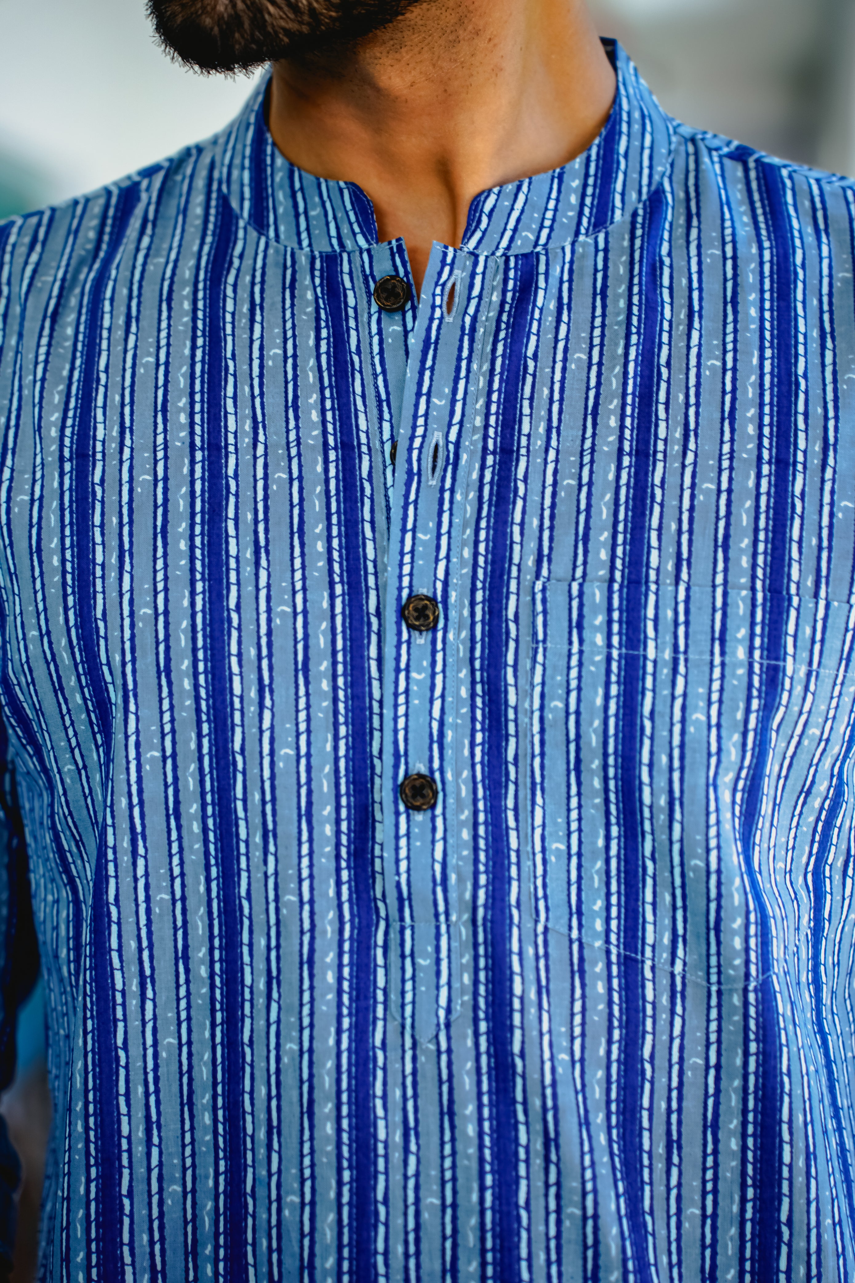 BLUE, WHITE & GREY VERTICAL LINES PRINTED SHORT KURTA WITH CUFF