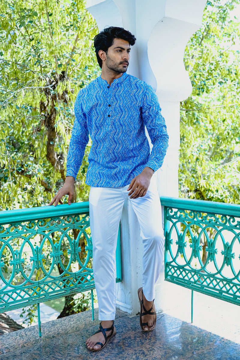 SAPPHIRE BLUE ZIG ZAG PRINTED SHORT KURTA WITH CUFF