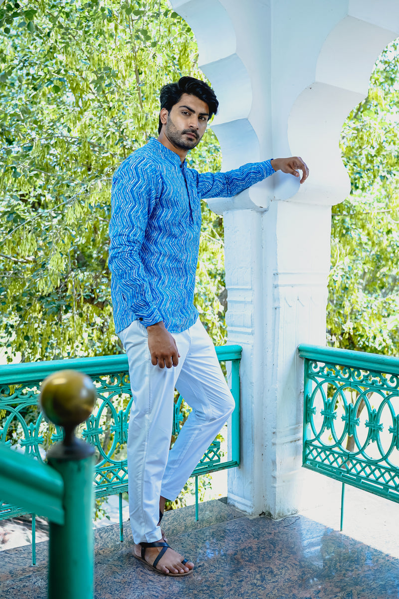 SAPPHIRE BLUE ZIG ZAG PRINTED SHORT KURTA WITH CUFF