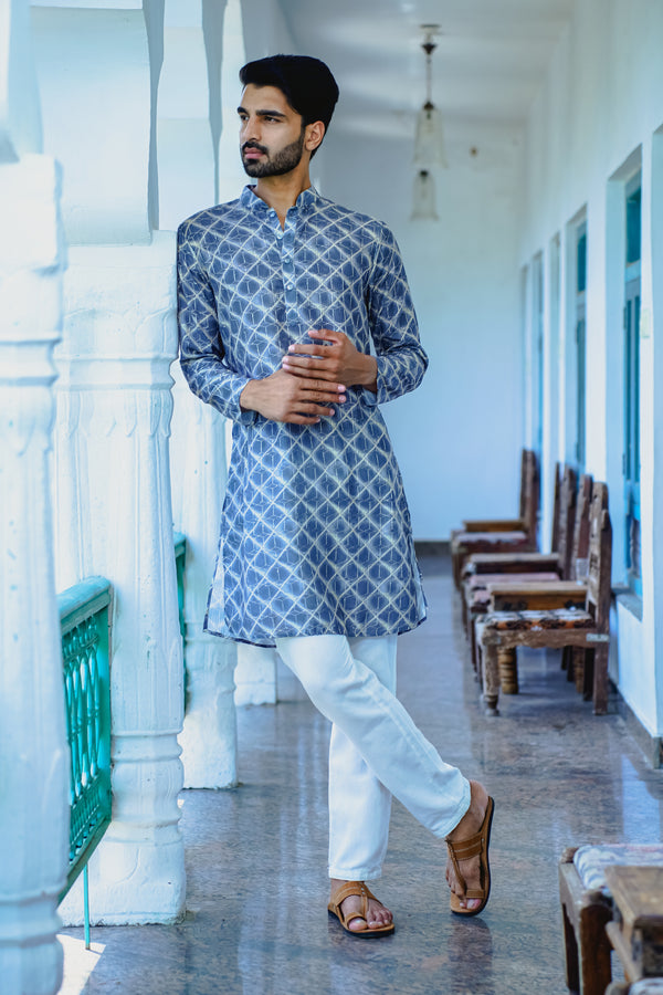 GREY & YELLOW CRISS CROSS PRINTED KURTA SET WITH DORI & SEQUINS WORK