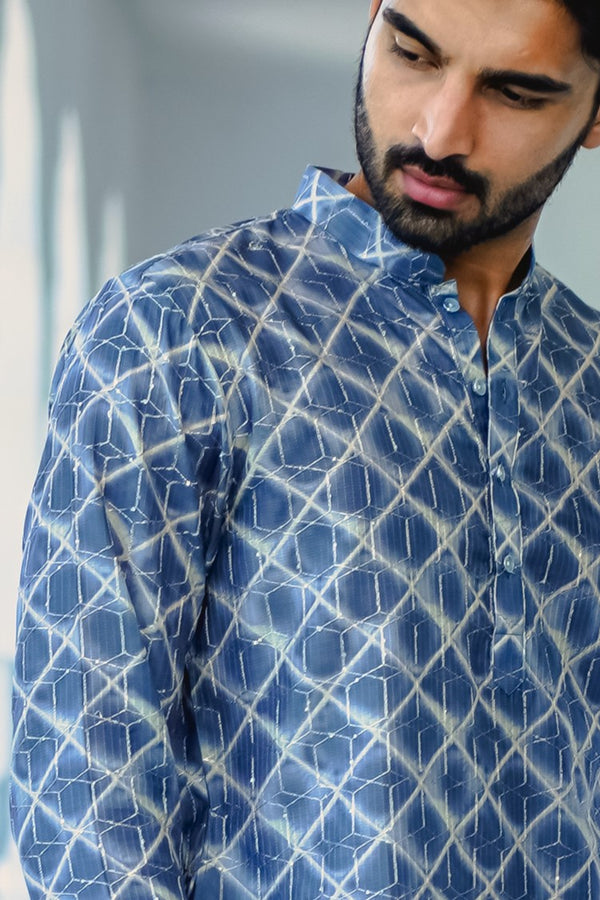 GREY & YELLOW CRISS CROSS PRINTED KURTA SET WITH DORI & SEQUINS WORK