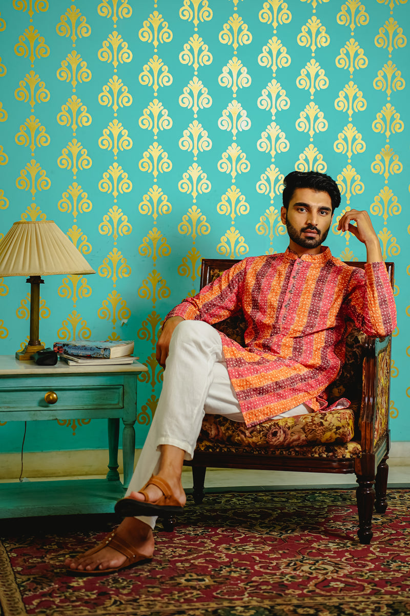 MULTI-COLOUR BANDHEJ PRINTED KURTA SET WITH SEQUINS EMBROIDERY