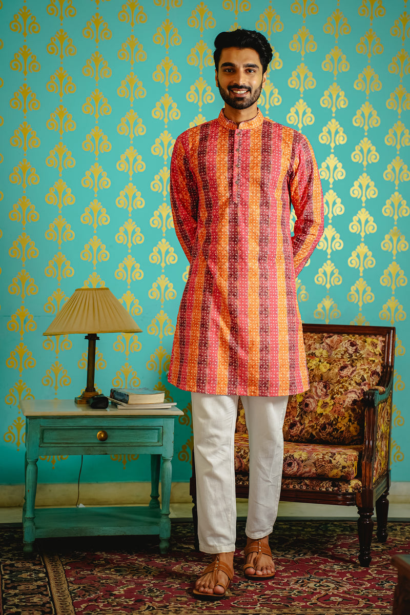 MULTI-COLOUR BANDHEJ PRINTED KURTA SET WITH SEQUINS EMBROIDERY