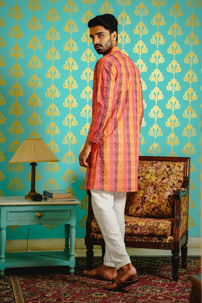 MULTI-COLOUR BANDHEJ PRINTED KURTA SET WITH SEQUINS EMBROIDERY