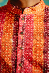 MULTI-COLOUR BANDHEJ PRINTED KURTA SET WITH SEQUINS EMBROIDERY