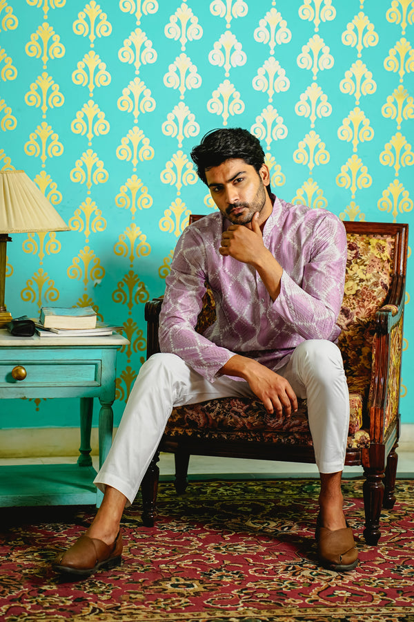 LAVENDER & WHITE PRINTED KURTA SET WITH GOLD DORI & SEQUINS WORK