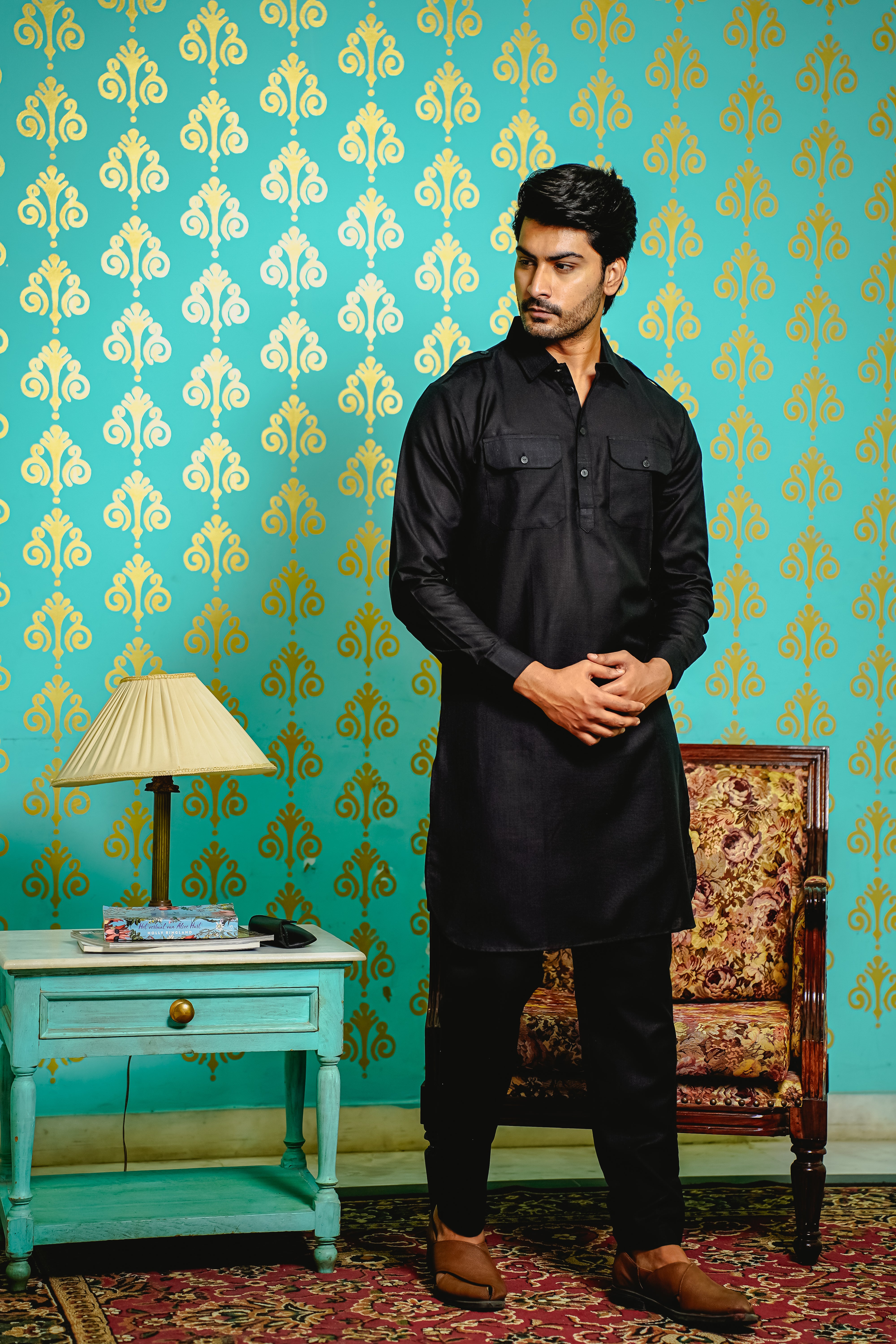 MEN PATHANI SET BLACK COLOR WITH PATCH POCKET AND EPAULETTE