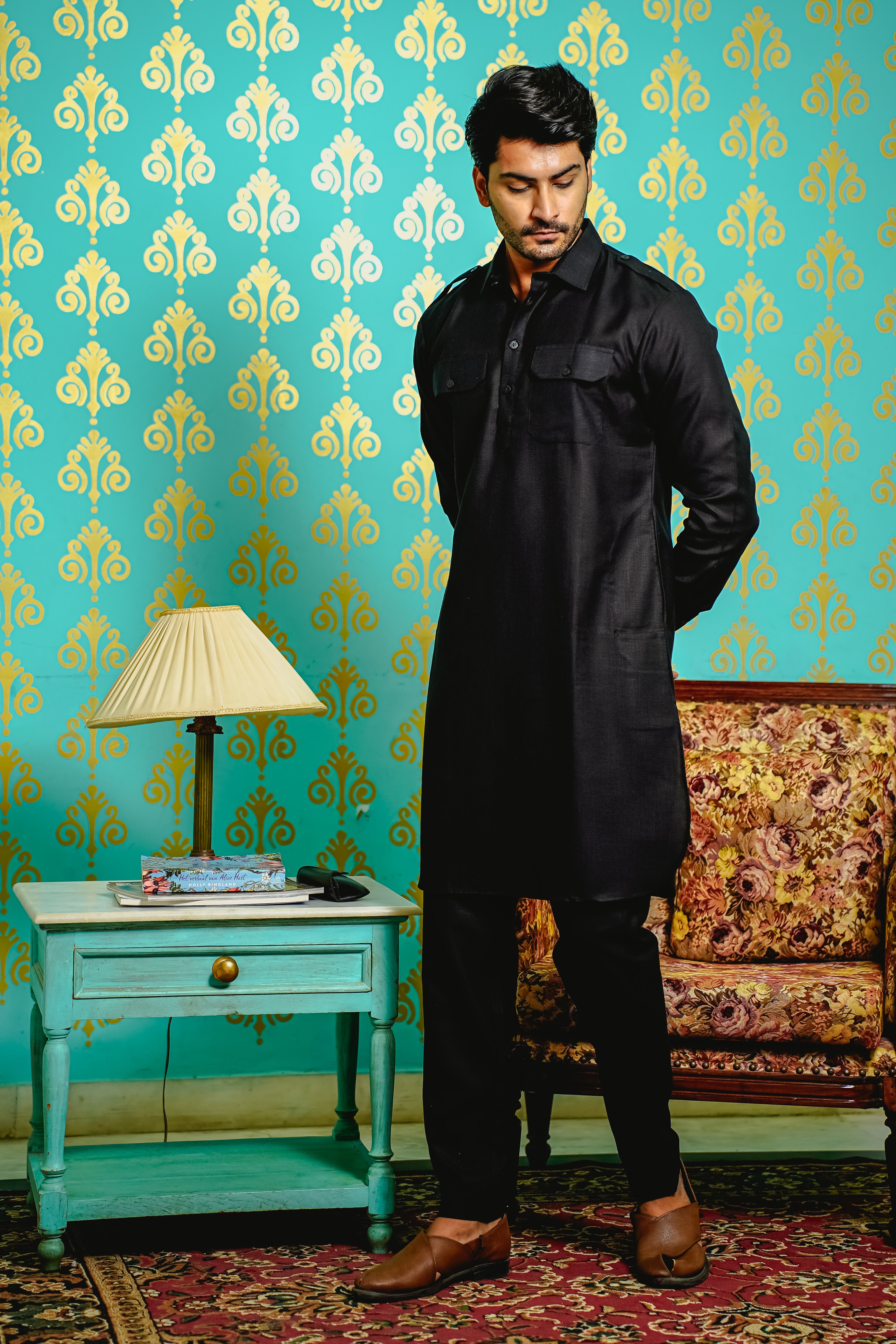 MEN PATHANI SET BLACK COLOR WITH PATCH POCKET AND EPAULETTE