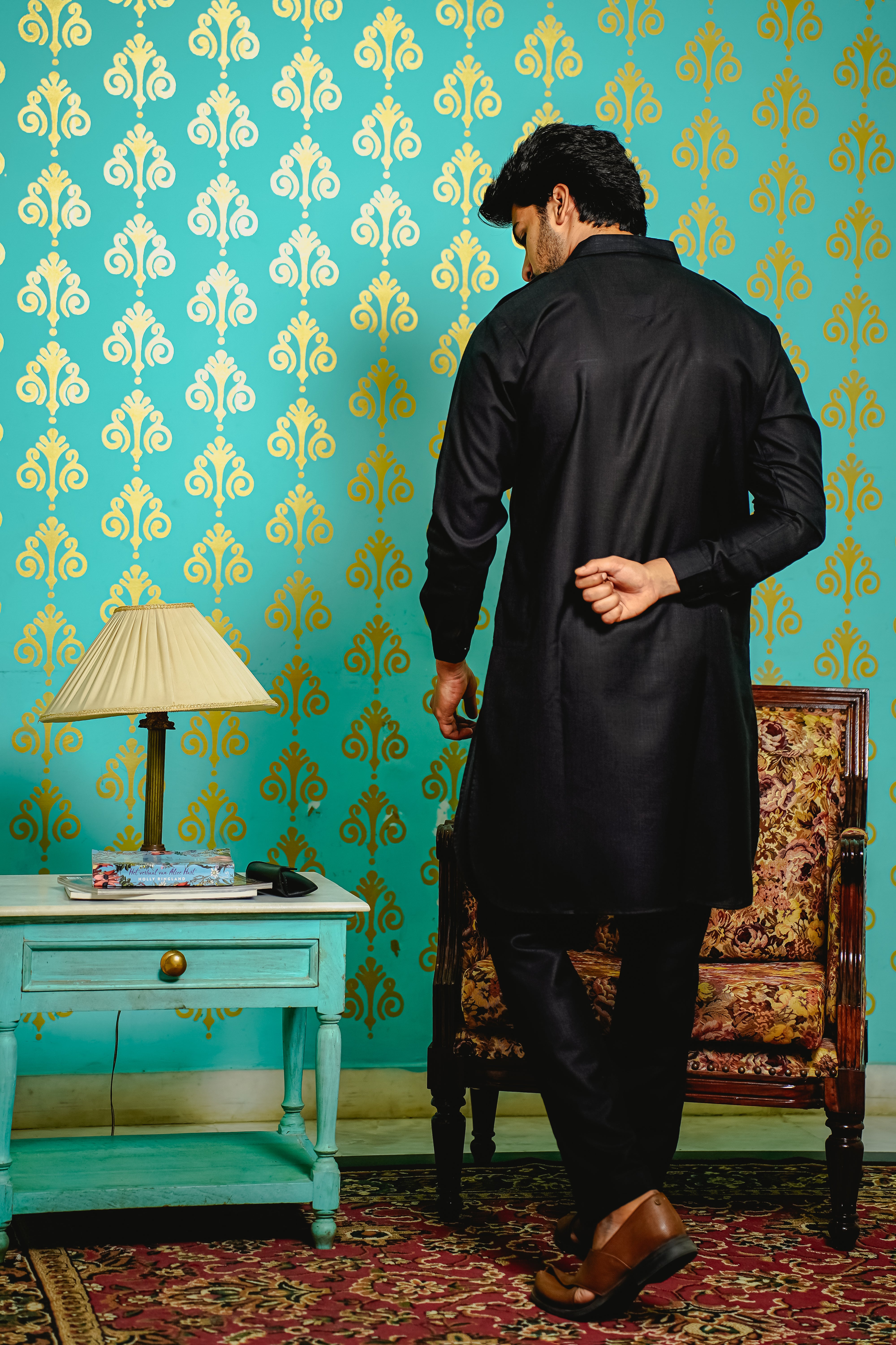 MEN PATHANI SET BLACK COLOR WITH PATCH POCKET AND EPAULETTE