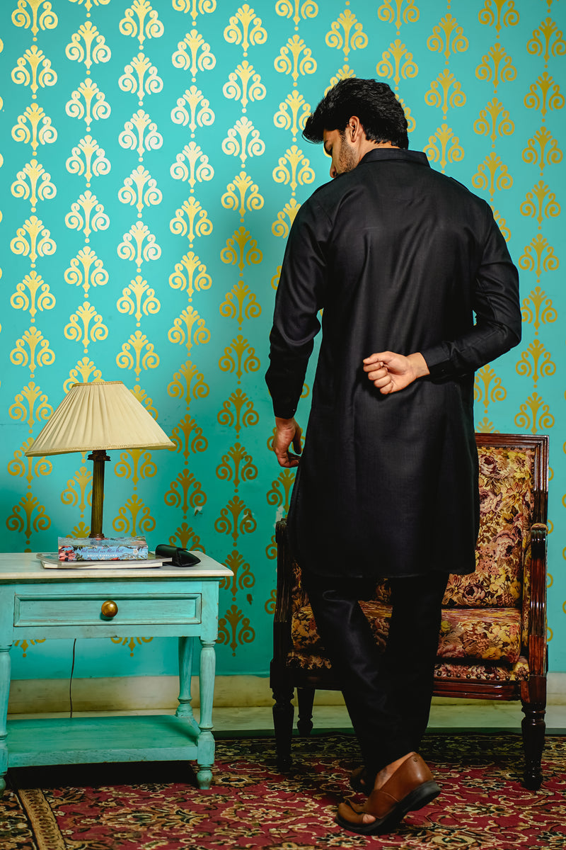 BLACK PATHANI SET WITH PATCH POCKET & EPAULETTE