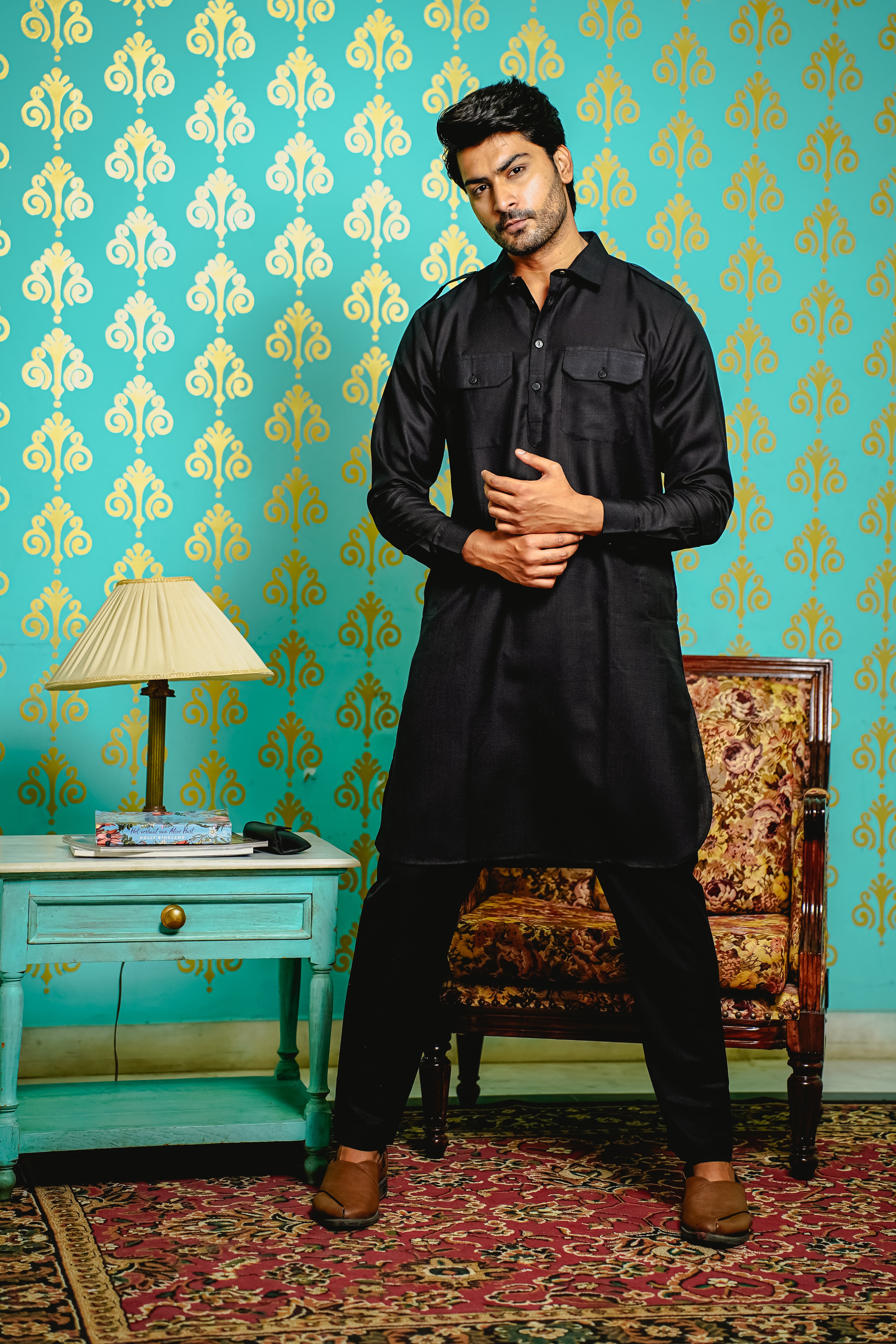 MEN PATHANI SET BLACK COLOR WITH PATCH POCKET AND EPAULETTE