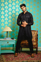 BLACK PATHANI SET WITH PATCH POCKET & EPAULETTE