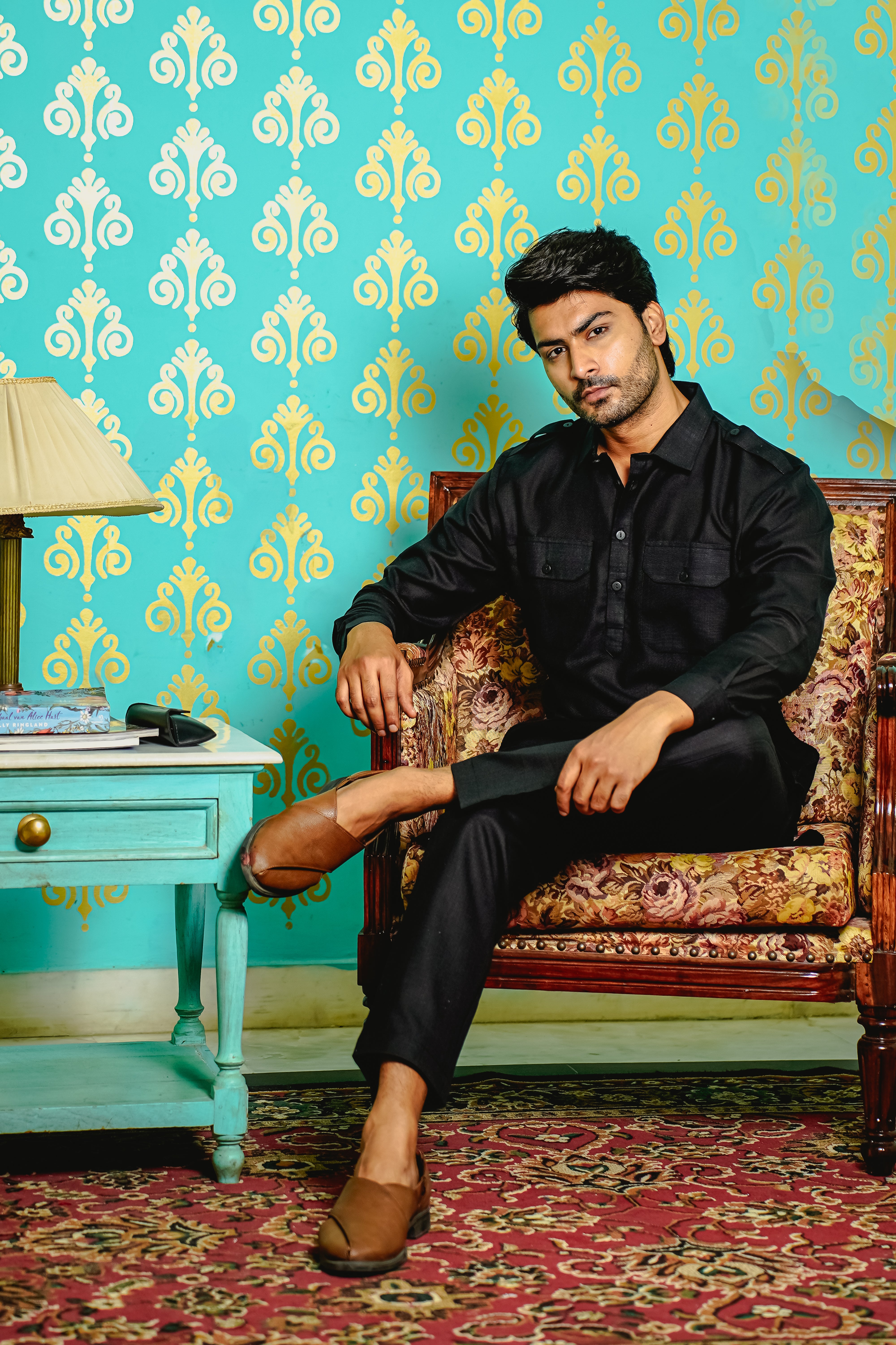 MEN PATHANI SET BLACK COLOR WITH PATCH POCKET AND EPAULETTE