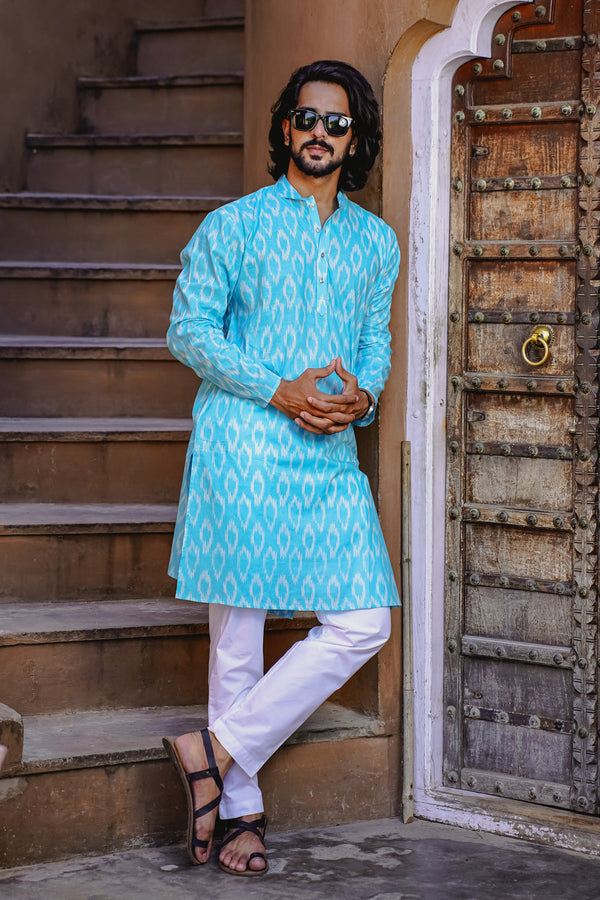 FIROZI BLUE PRINTED IKAT BUTTA KURTA PYJAMA SET