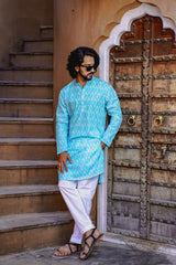 FIROZI BLUE PRINTED IKAT BUTTA KURTA PYJAMA SET