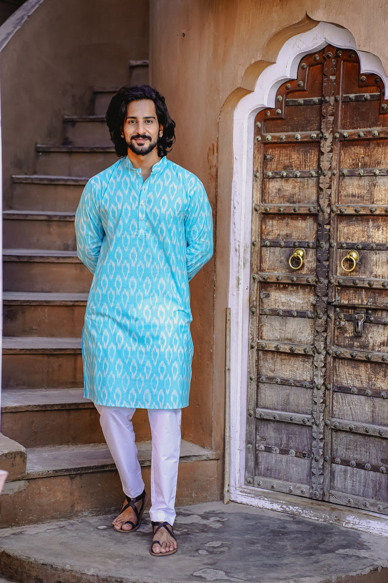 FIROZI BLUE PRINTED IKAT BUTTA KURTA PYJAMA SET