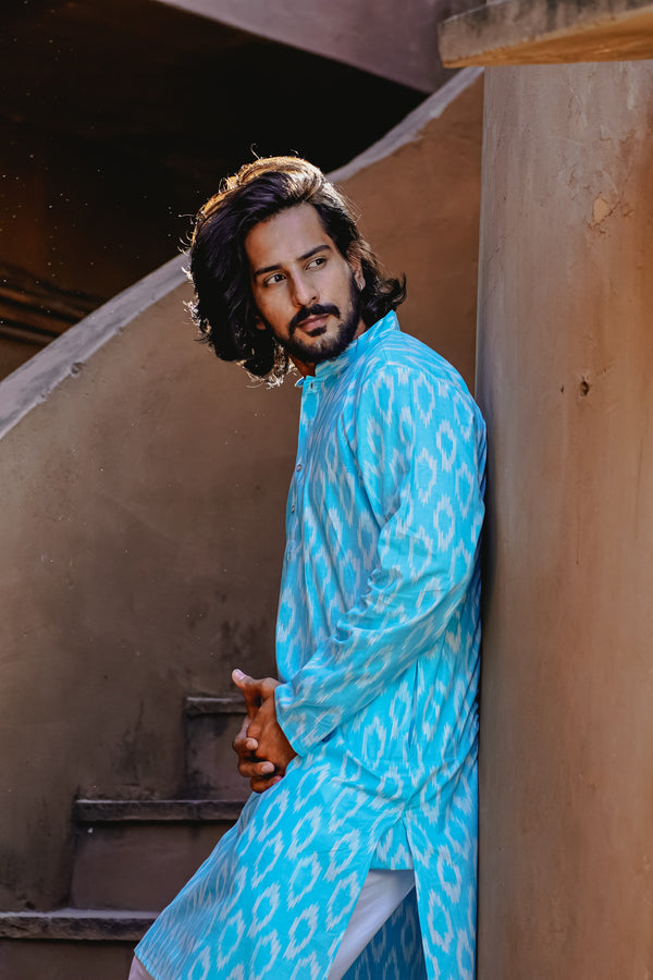 FIROZI BLUE PRINTED IKAT BUTTA KURTA PYJAMA SET