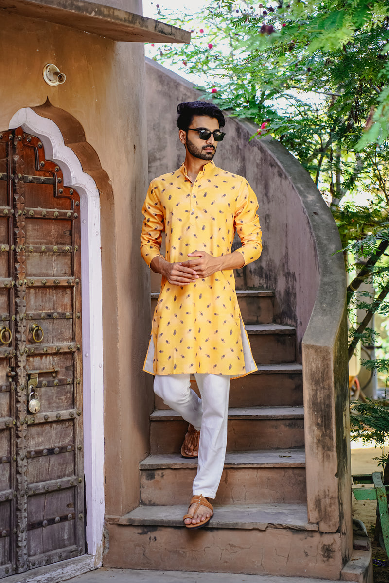 SUNSTRUCK YELLOW MORPANKH PRINTED KURTA PYJAMA SET