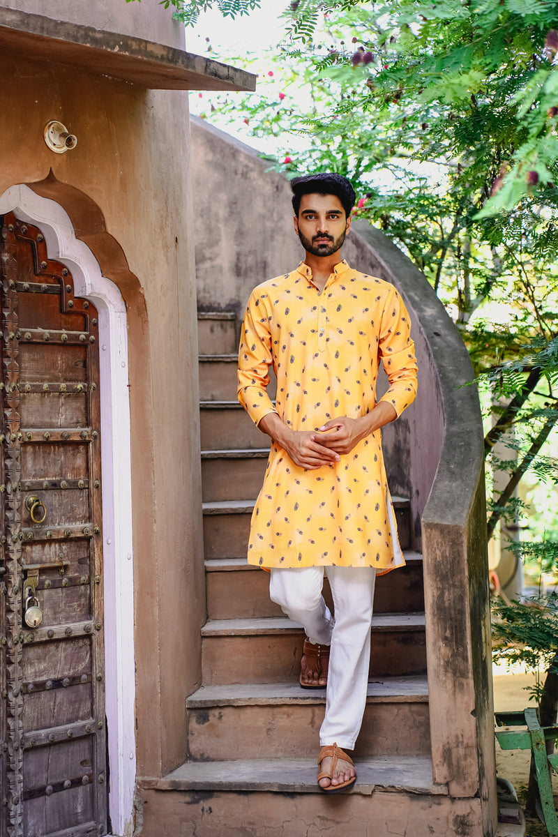 SUNSTRUCK YELLOW MORPANKH PRINTED KURTA PYJAMA SET