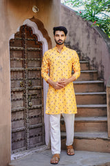 SUNSTRUCK YELLOW MORPANKH PRINTED KURTA PYJAMA SET