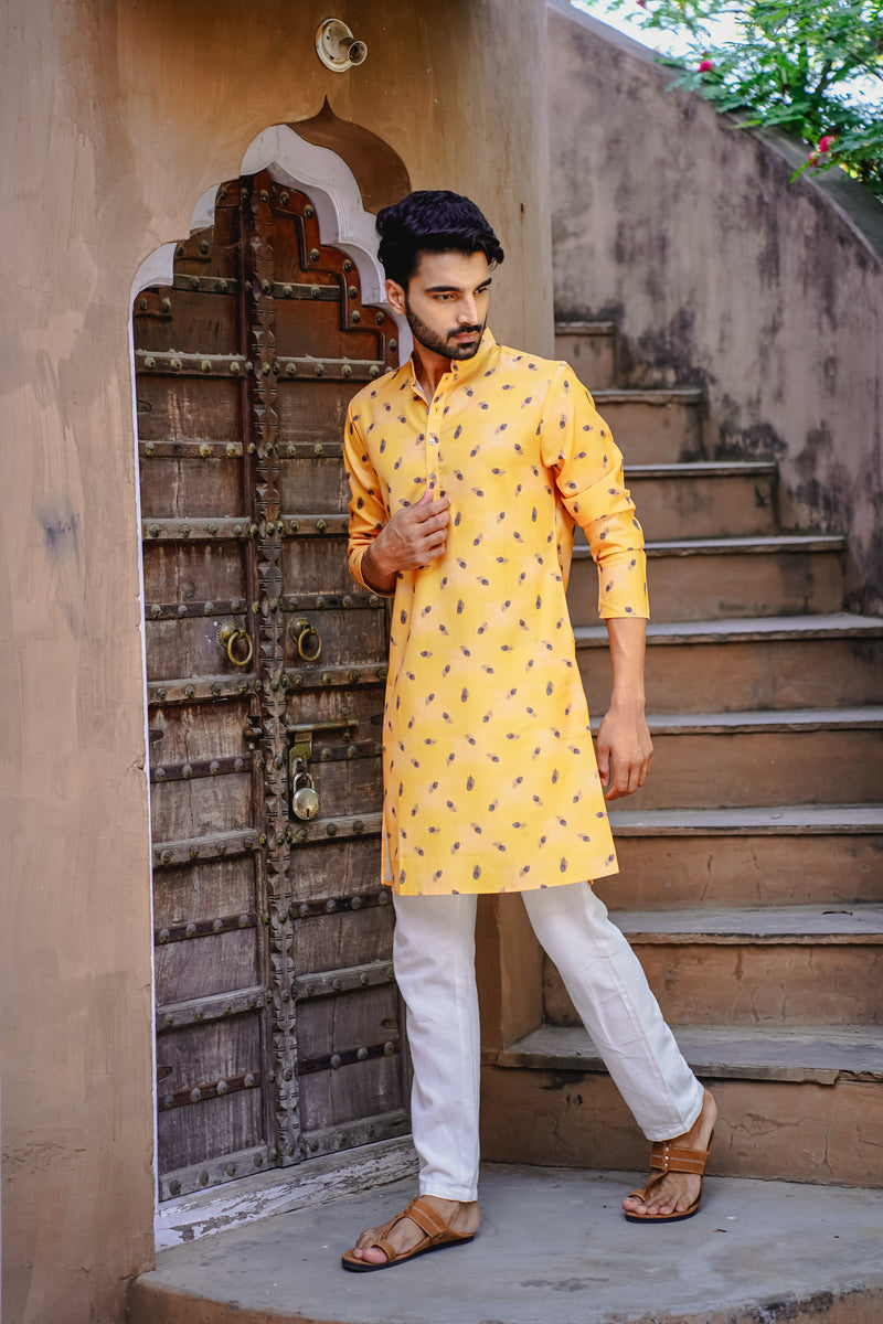 SUNSTRUCK YELLOW MORPANKH PRINTED KURTA PYJAMA SET