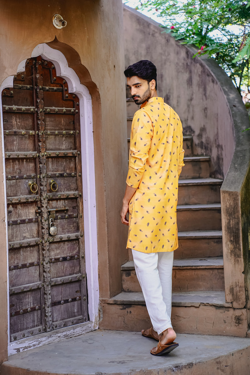 SUNSTRUCK YELLOW MORPANKH PRINTED KURTA PYJAMA SET