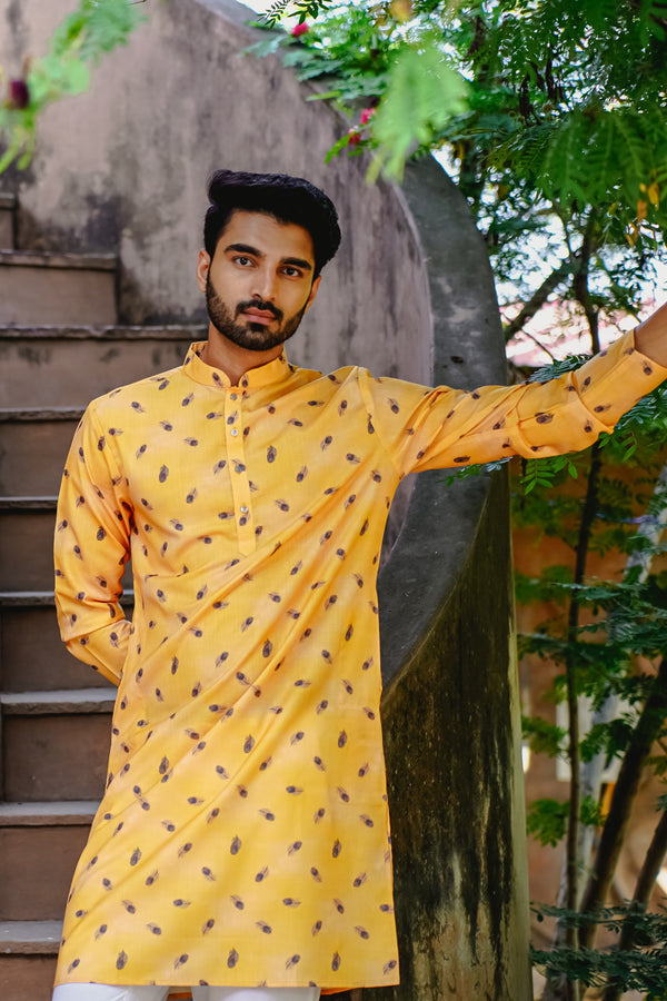 SUNSTRUCK YELLOW MORPANKH PRINTED KURTA PYJAMA SET