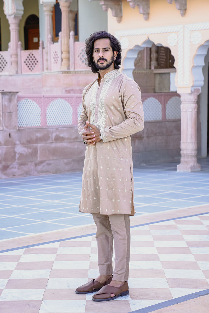 CUBAN SAND KURTA SET WITH INTRICATE SEQUINS EMBROIDERY AROUND PLACKET