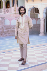 CUBAN SAND KURTA SET WITH INTRICATE SEQUINS EMBROIDERY AROUND PLACKET
